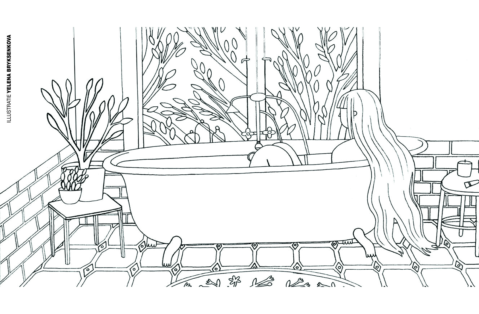 Coloring page – Yelena Bryksenkova: taking a bath